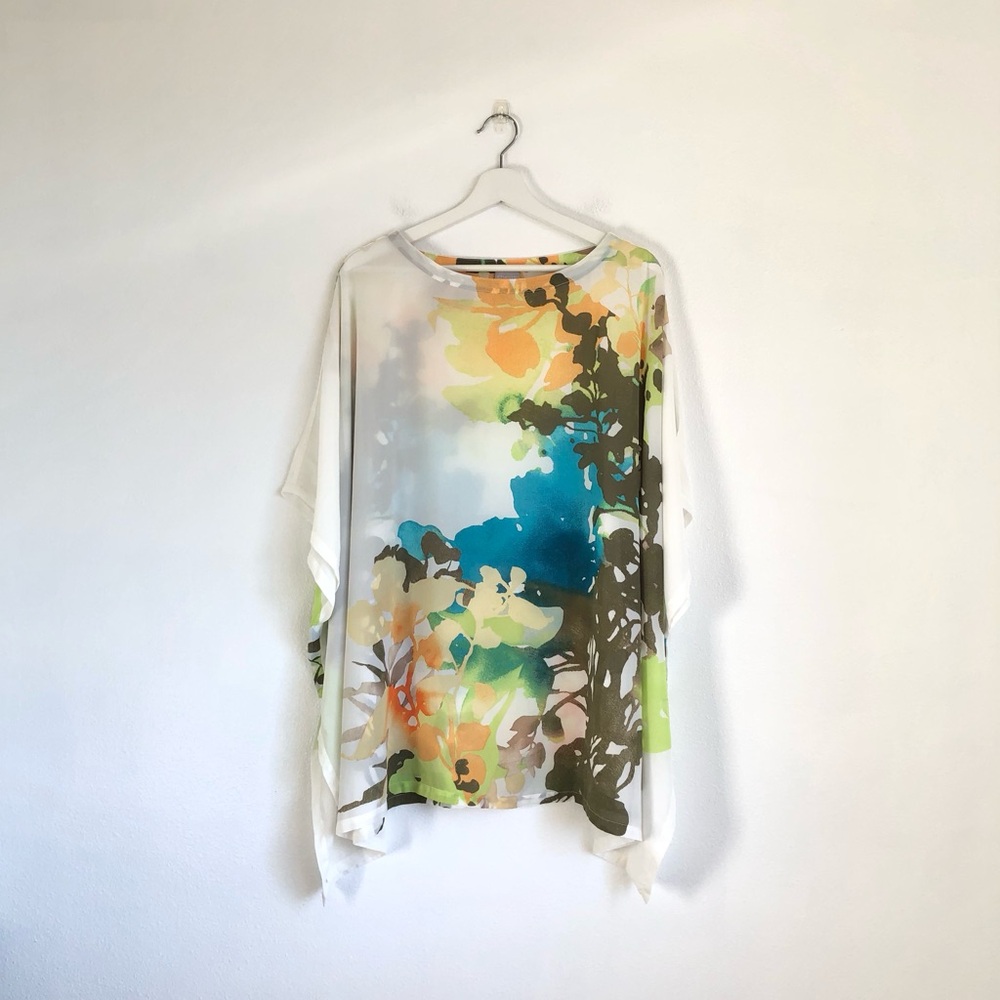 Chico’s White / Multicolor Watercolor Floral Sheer Poncho Blouse Top Size L / XL